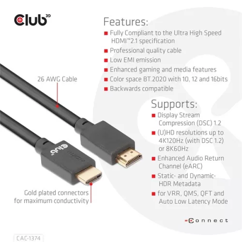 Club 3D Kábel - CAC-1374 (HDMI 2.1 Ultra High-Speed, M/M, 4K120Hz, 8K60Hz, 48Gbps, 4m, 26AWG)
