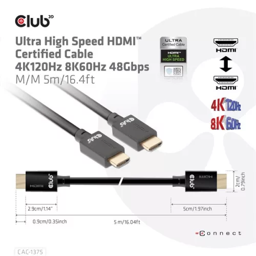 Club 3D Kábel - CAC-1375 (HDMI 2.1 Ultra High Speed, M/M, 4K120Hz, 8K60Hz, 48Gbps, 5m, VRR,QMS,QFT,eARC,HDR)