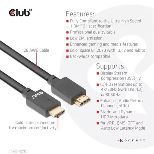 Club 3D Kábel - CAC-1375 (HDMI 2.1 Ultra High Speed, M/M, 4K120Hz, 8K60Hz, 48Gbps, 5m, VRR,QMS,QFT,eARC,HDR)