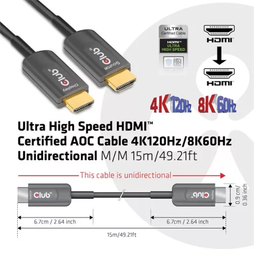 Club 3D Kábel - CAC-1377 (HDMI 2.1 Ultra High-Speed, M/M, 8K60Hz, 4K120Hz, 15m, AOC, unidirectional)