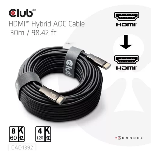 Club 3D Kábel - CAC-1392 (HDMI 2.1 Ultra High Speed, Hybrid AOC, 4K120Hz, 8K60Hz, 48Gbps, M/M, 30m)