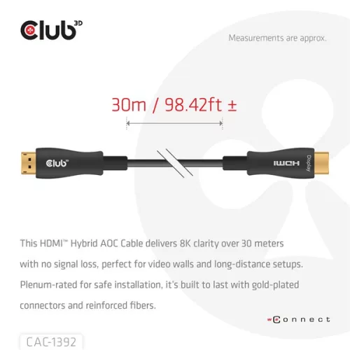Club 3D Kábel - CAC-1392 (HDMI 2.1 Ultra High Speed, Hybrid AOC, 4K120Hz, 8K60Hz, 48Gbps, M/M, 30m)
