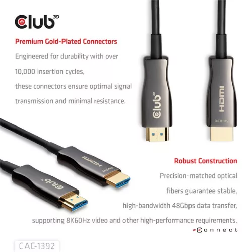 Club 3D Kábel - CAC-1392 (HDMI 2.1 Ultra High Speed, Hybrid AOC, 4K120Hz, 8K60Hz, 48Gbps, M/M, 30m)