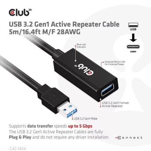 Club 3D kábel - CAC-1404 (3.2 USB-A, M/F, Active Repeater, 5Gbps, 5m)