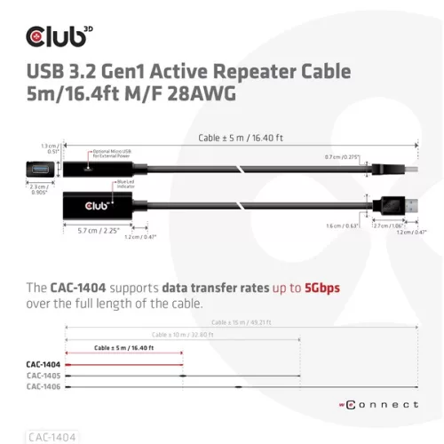 Club 3D kábel - CAC-1404 (3.2 USB-A, M/F, Active Repeater, 5Gbps, 5m)