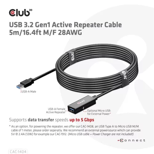 Club 3D kábel - CAC-1404 (3.2 USB-A, M/F, Active Repeater, 5Gbps, 5m)