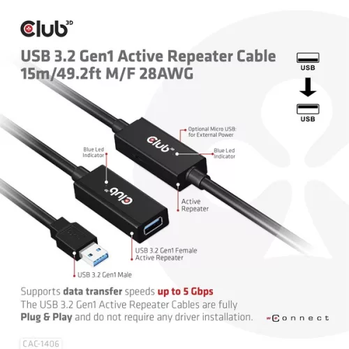 Club 3D kábel - CAC-1406 (3.2 USB-A, Active Repeater, 5Gbps, 15m)