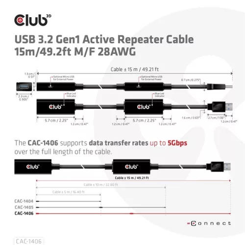 Club 3D kábel - CAC-1406 (3.2 USB-A, Active Repeater, 5Gbps, 15m)