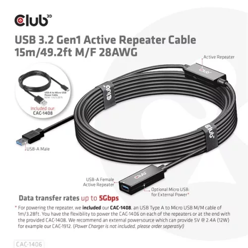 Club 3D kábel - CAC-1406 (3.2 USB-A, Active Repeater, 5Gbps, 15m)