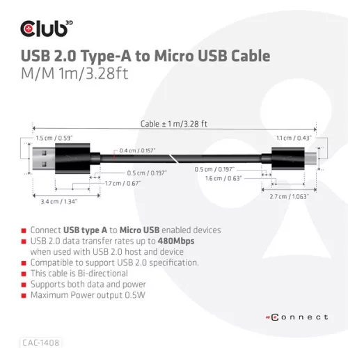 Club 3D kábel - CAC-1408 (2.0 USB-A, Micro USB, 5Gbps, 1m)