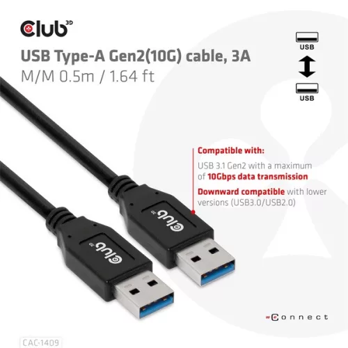 Club 3D kábel - CAC-1409 (USB-A Gen2, M/M, 10Gbps, 3A, 15W, 5V/3A, 0.5m)