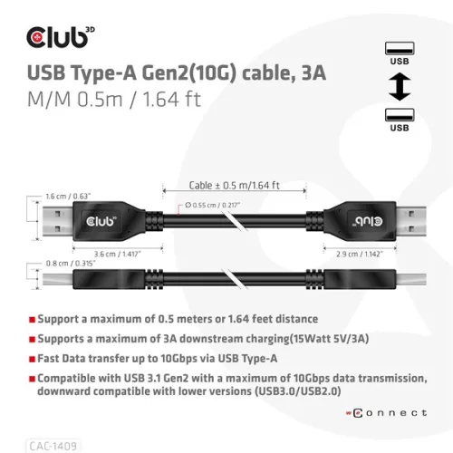 Club 3D kábel - CAC-1409 (USB-A Gen2, M/M, 10Gbps, 3A, 15W, 5V/3A, 0.5m)
