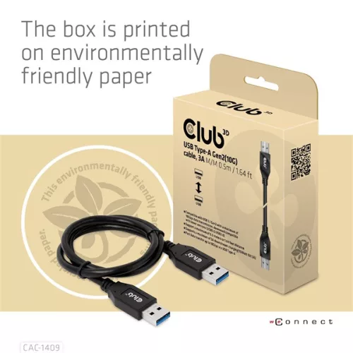 Club 3D kábel - CAC-1409 (USB-A Gen2, M/M, 10Gbps, 3A, 15W, 5V/3A, 0.5m)
