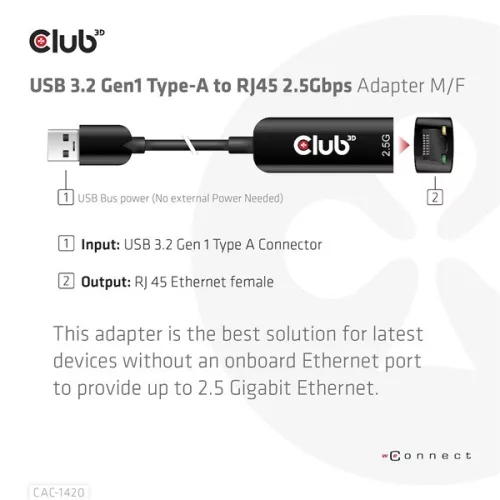 Club 3D Átalakító - CAC-1420 (3.2 USB-A to RJ45, 2.5Gb, M/F)