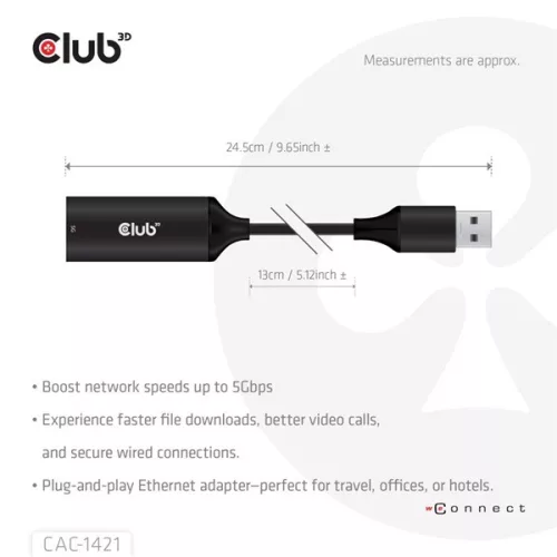 Club 3D Átalakító - CAC-1421 (USB-A to RJ45, 5 GBps, M/F)