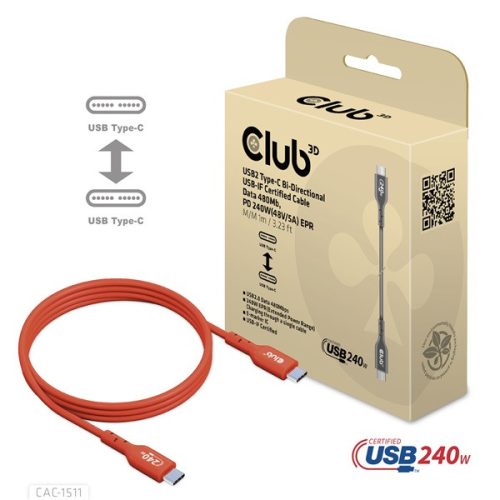 Club 3D Kábel - CAC-1511 (USB2 USB-C, 480Mb, 240W PD EPR, Bidirektional, USB-IF tanúsítvány, M/M, 1m)