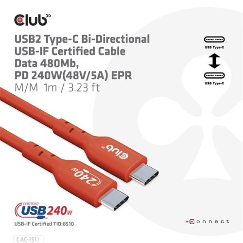 Club 3D Kábel - CAC-1511 (USB2 USB-C, 480Mb, 240W PD EPR, Bidirektional, USB-IF tanúsítvány, M/M, 1m)