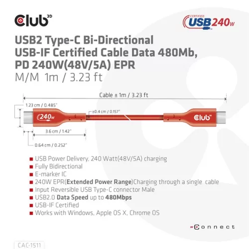 Club 3D Kábel - CAC-1511 (USB2 USB-C, 480Mb, 240W PD EPR, Bidirektional, USB-IF tanúsítvány, M/M, 1m)