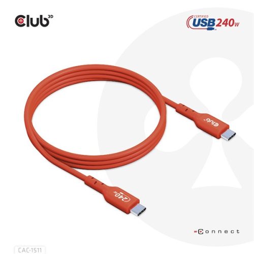 Club 3D Kábel - CAC-1511 (USB2 USB-C, 480Mb, 240W PD EPR, Bidirektional, USB-IF tanúsítvány, M/M, 1m)