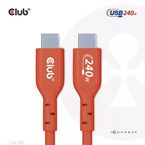 Club 3D Kábel - CAC-1511 (USB2 USB-C, 480Mb, 240W PD EPR, Bidirektional, USB-IF tanúsítvány, M/M, 1m)