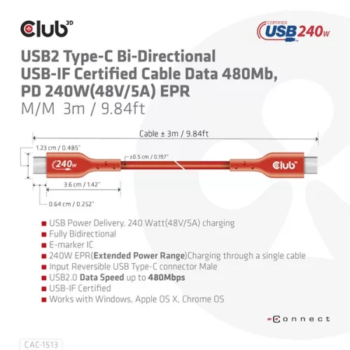 Club 3D Kábel - CAC-1513 (USB2 USB-C Bidirektional, 480Mb/s, PD 240W, USB-IF Certified, M/M, 3m)