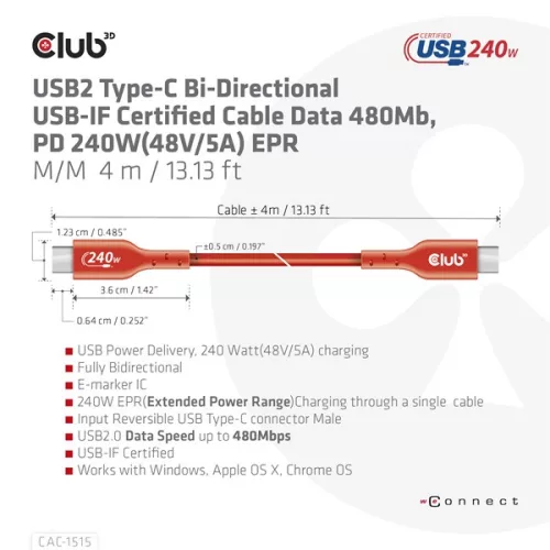 Club 3D Kábel - CAC-1515 (USB2.0 USB-C, 480Mb, 240W PD, kétirányú, USB-IF Certified, M/M, 4m)