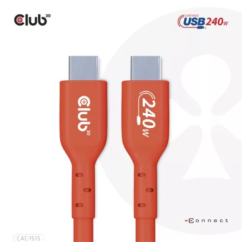 Club 3D Kábel - CAC-1515 (USB2.0 USB-C, 480Mb, 240W PD, kétirányú, USB-IF Certified, M/M, 4m)