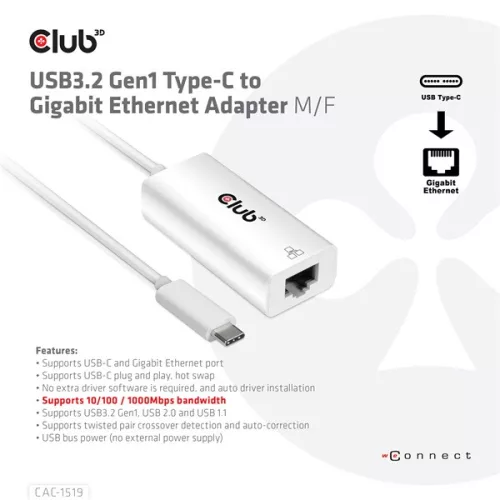 Club 3D Átalakító - CAC-1519 (3.2 USB-C Gen 1 to RJ45 1GB Ethernet, aktív)