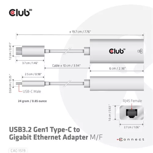 Club 3D Átalakító - CAC-1519 (3.2 USB-C Gen 1 to RJ45 1GB Ethernet, aktív)