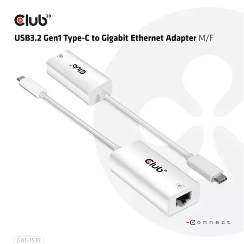 Club 3D Átalakító - CAC-1519 (3.2 USB-C Gen 1 to RJ45 1GB Ethernet, aktív)
