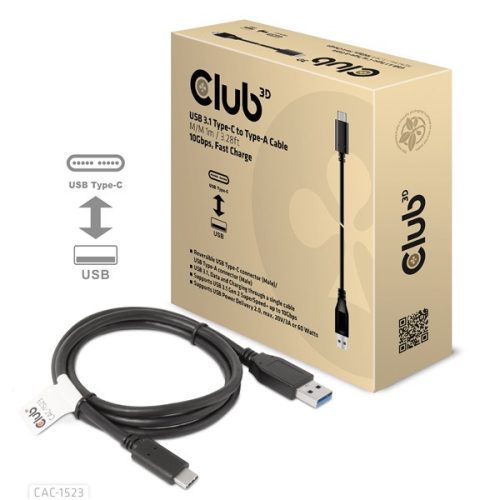 Club 3D Kábel - CAC-1523 (3.1 USB-C Gen 2 to 3.1 USB-A Gen 2, 10Gbps, 60W PD2.0, Bidirectional, 4K60Hz, M/M, 1m)