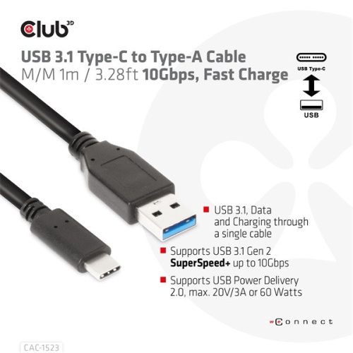 Club 3D Kábel - CAC-1523 (3.1 USB-C Gen 2 to 3.1 USB-A Gen 2, 10Gbps, 60W PD2.0, Bidirectional, 4K60Hz, M/M, 1m)