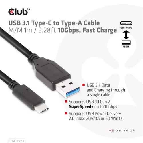 Club 3D Kábel - CAC-1523 (3.1 USB-C Gen 2 to 3.1 USB-A Gen 2, 10Gbps, 60W PD2.0, Bidirectional, 4K60Hz, M/M, 1m)