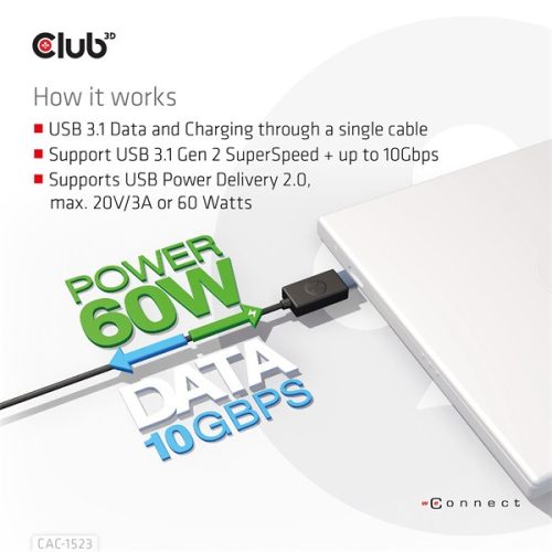 Club 3D Kábel - CAC-1523 (3.1 USB-C Gen 2 to 3.1 USB-A Gen 2, 10Gbps, 60W PD2.0, Bidirectional, 4K60Hz, M/M, 1m)