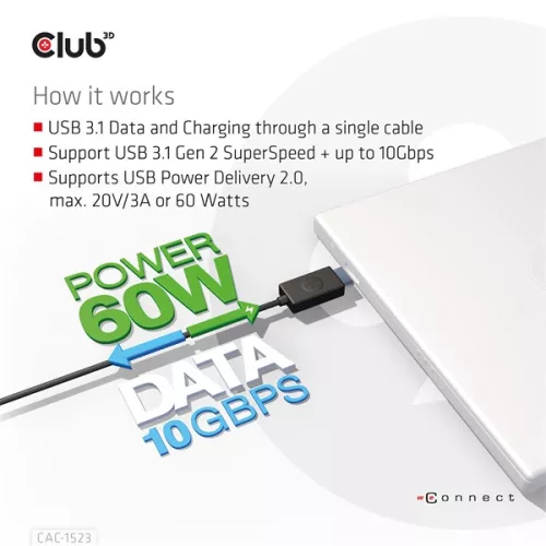 Club 3D Kábel - CAC-1523 (3.1 USB-C Gen 2 to 3.1 USB-A Gen 2, 10Gbps, 60W PD2.0, Bidirectional, 4K60Hz, M/M, 1m)