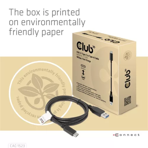 Club 3D Kábel - CAC-1523 (3.1 USB-C Gen 2 to 3.1 USB-A Gen 2, 10Gbps, 60W PD2.0, Bidirectional, 4K60Hz, M/M, 1m)