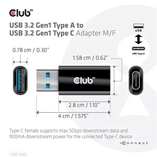 Club 3D Átalakító - CAC-1525 (3.2 USB-A Gen 1 to 3.2 USB-C Gen 1, Bidirectional)