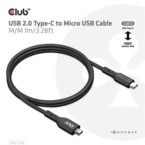 Club 3D Kábel - CAC-1526 (2.0 USB-C Gen 1 to Micro USB, 1m, Bidirectional)