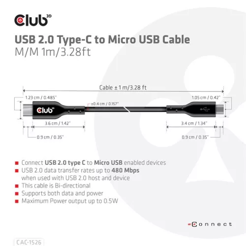 Club 3D Kábel - CAC-1526 (2.0 USB-C Gen 1 to Micro USB, 1m, Bidirectional)