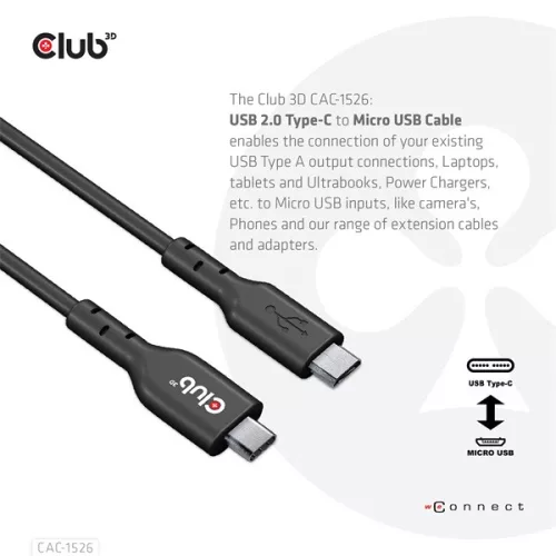 Club 3D Kábel - CAC-1526 (2.0 USB-C Gen 1 to Micro USB, 1m, Bidirectional)