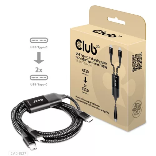 Club 3D Kábel - CAC-1527 (USB-C Y kábel, 100W PD, 1.83m, 2xUSB-C)