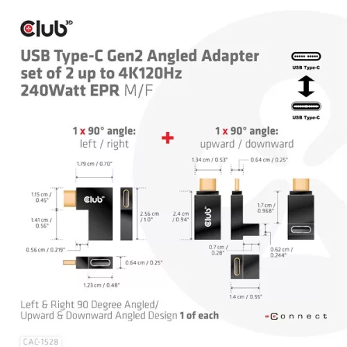 Club 3D Átalakító - CAC-1528 (USB-C Gen 2 to USB-C Gen 2, 90 fokos adapter, 10Gbps, 4k120Hz)
