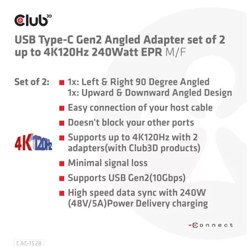Club 3D Átalakító - CAC-1528 (USB-C Gen 2 to USB-C Gen 2, 90 fokos adapter, 10Gbps, 4k120Hz)