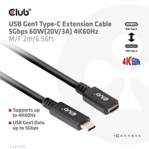 Club 3D Kábel - CAC-1529 (USB-C Gen 1 to USB-C, 5Gbps, 60W, 4K60Hz, M/F, 2m)