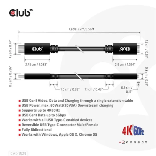 Club 3D Kábel - CAC-1529 (USB-C Gen 1 to USB-C, 5Gbps, 60W, 4K60Hz, M/F, 2m)