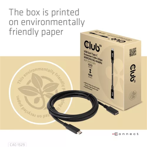 Club 3D Kábel - CAC-1529 (USB-C Gen 1 to USB-C, 5Gbps, 60W, 4K60Hz, M/F, 2m)
