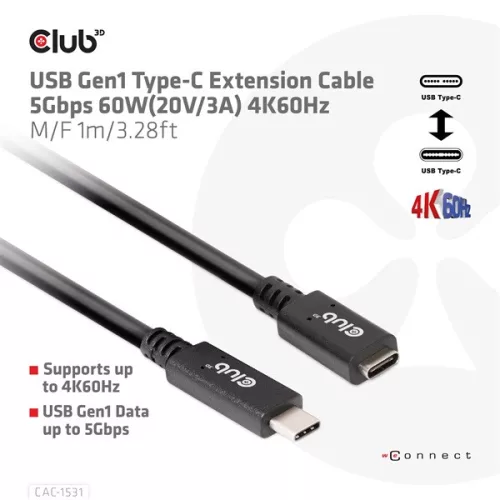Club 3D Kábel - CAC-1531 (USB-C Gen 1 to USB-C, 5Gbps, 60W, 4K60Hz, M/F, 1m)