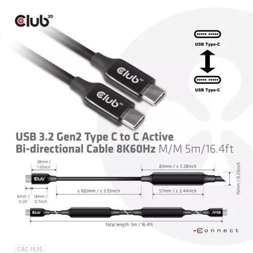 Club 3D Kábel - CAC-1535 (3.2 USB-C Gen 2 to 3.2 USB-C Gen 2, 60W PD, 8K60Hz, Bidirectional, M/M, 5m)