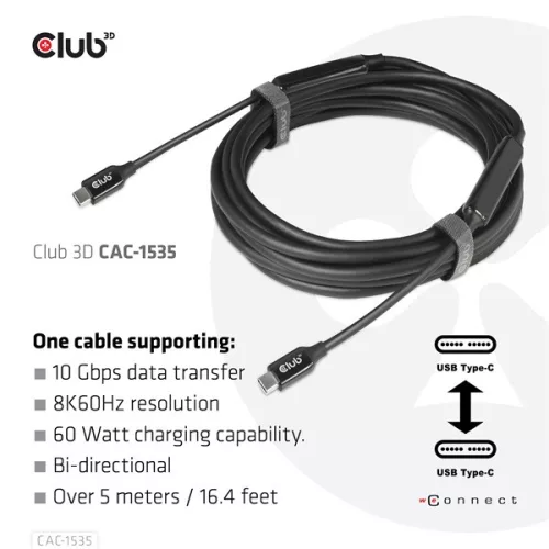 Club 3D Kábel - CAC-1535 (3.2 USB-C Gen 2 to 3.2 USB-C Gen 2, 60W PD, 8K60Hz, Bidirectional, M/M, 5m)