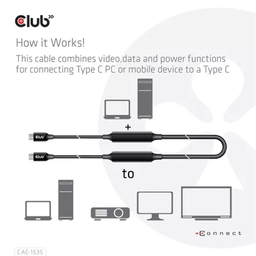 Club 3D Kábel - CAC-1535 (3.2 USB-C Gen 2 to 3.2 USB-C Gen 2, 60W PD, 8K60Hz, Bidirectional, M/M, 5m)
